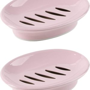 2-Pack Soap Dish with Drain Soap Holder Easy Cleaning Soap Saver Dry Stop Mushy Soap Tray for Shower Bathroom Kitchen… (Pink)