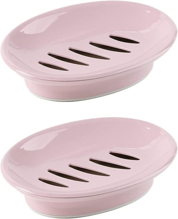 2-Pack Soap Dish with Drain Soap Holder Easy Cleaning Soap Saver Dry Stop Mushy Soap Tray for Shower Bathroom Kitchen… (Pink)