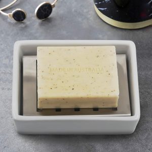 Ceramic Soap Dish Holder Stainless Steel for Bathroom, Double Layer, Self-draining Soap Tray, Say No to Mushy Soap, Easy Cleaning. (White)