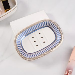 Self Draining Soap Dish, Double-Layer Bar Soap Tray, White Ceramic Soap Dish with Elegant Patterns (Style A)
