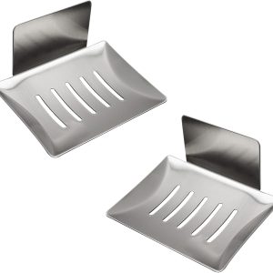 2 Pack Soap Dish for Shower Wall, Stainless Steel Adhesive Soap Holder for Bathroom, 5 Slot Sponge Holder for Kitchen Sink, Bar Soap Tray with Drain Silver