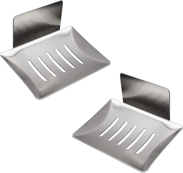 2 Pack Soap Dish for Shower Wall, Stainless Steel Adhesive Soap Holder for Bathroom, 5 Slot Sponge Holder for Kitchen Sink, Bar Soap Tray with Drain Silver