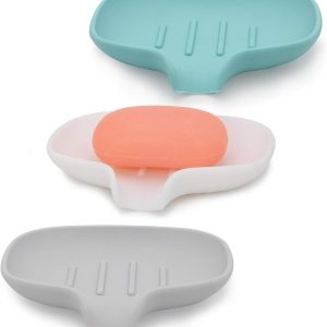 3 Pack Silicone Soap Dish with Drain, Bar Soap Holder for Shower/Bathroom, Self Draining Waterfall Soap Tray/Saver for Kitchen, Keep Soap Dry, Easy to Clean