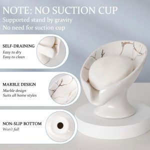 Soap Dish, Soap Holder Self Draining Leaf Shape Soap Dishes, Ceramic Drain Soap Dish for Sink Bathroom Shower Kitchen, Easy to Clean Keeps Soap Dry, Cream White & Gold Marble Pattern