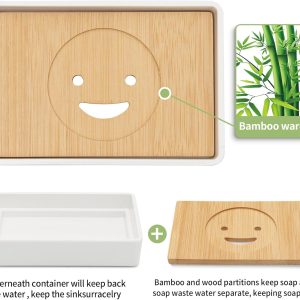 Bamboo Soap Dishes for Shower Wooden Soap Bar Holder for Bathroom Soap Tray Easy to Clean, Durable and with Non-Slip Pads(Two White Smiley Faces)