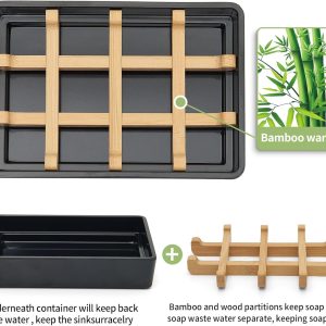 Bamboo Soap Dishes for Shower Wooden Soap Bar Holder for Bathroom Soap Tray Easy to Clean, Durable and with Non-Slip Pads(Single Black Square)
