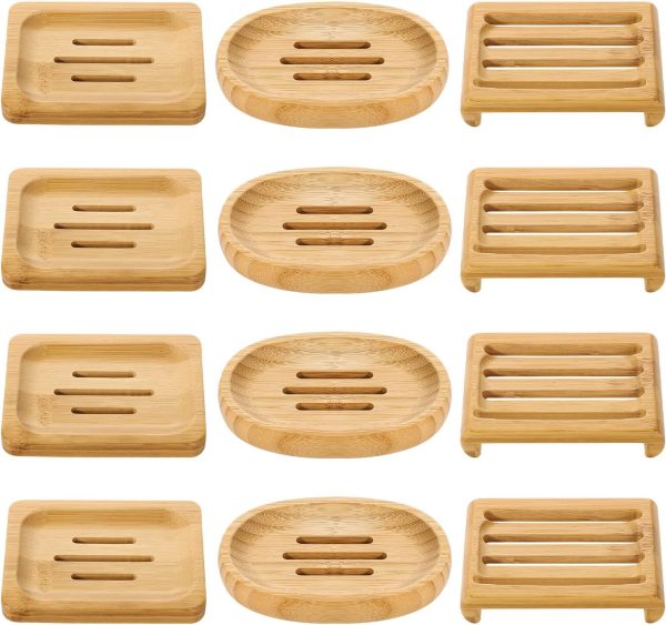 12 Pcs Bamboo Soap Dishes, Wooden Soap Tray Soap Holder, Shampoo Bar Holder Bar Soap Holder for Bathroom, Kitchen (3 Size)